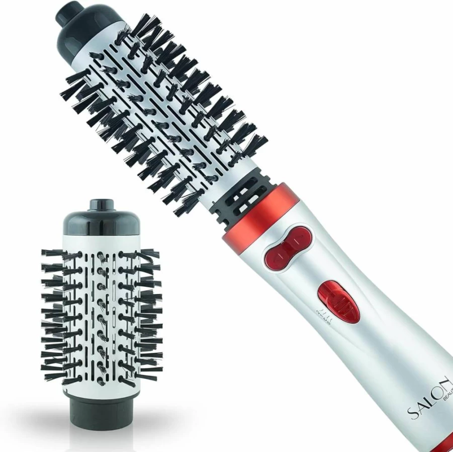 Salon Beauty Interchangeable Tourmaline Ceramic Ionic Hot Air Brush - 2 Inch & 1.5 Inch Rotating Styler for Long Hair, Red HM26000
