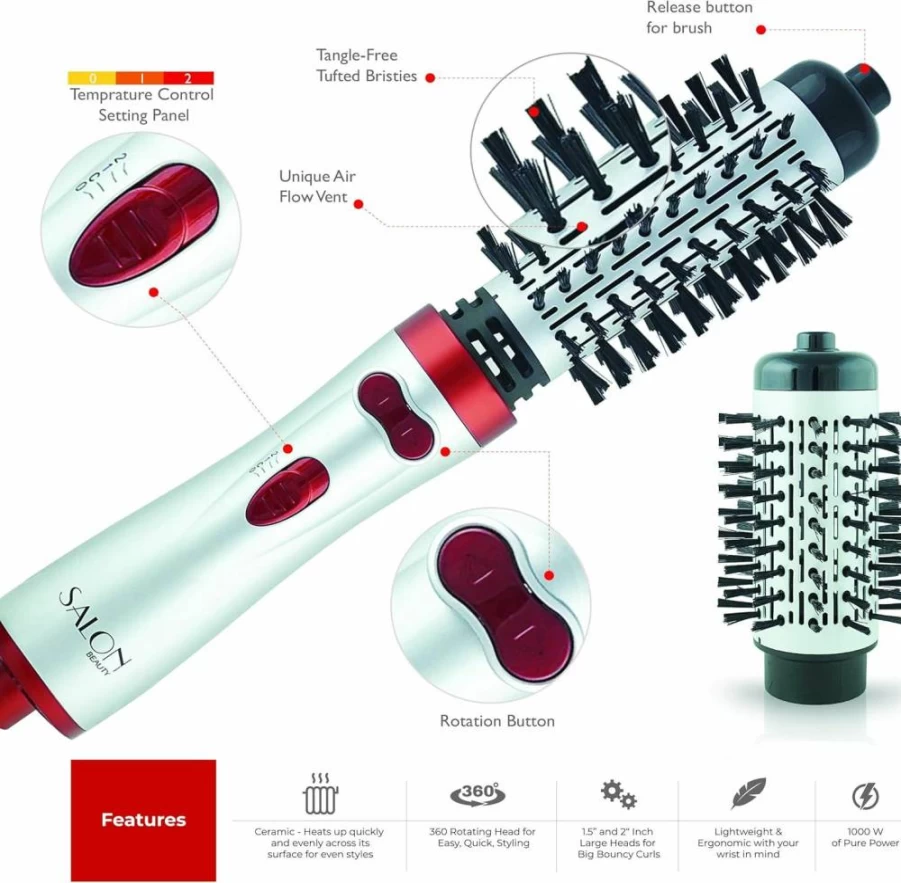 Salon Beauty Interchangeable Tourmaline Ceramic Ionic Hot Air Brush - 2 Inch & 1.5 Inch Rotating Styler for Long Hair, Red HM26000