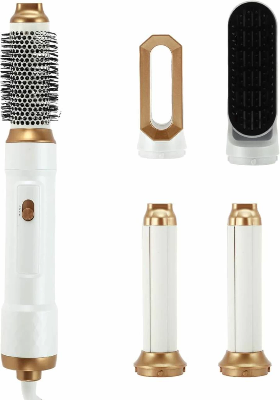 VOCOSTE 5-in-1 Hot Air Brush Styler - Hair Dryer, Volumizer, Straightener & Curling Wand with Detachable Nozzle, White & Gold