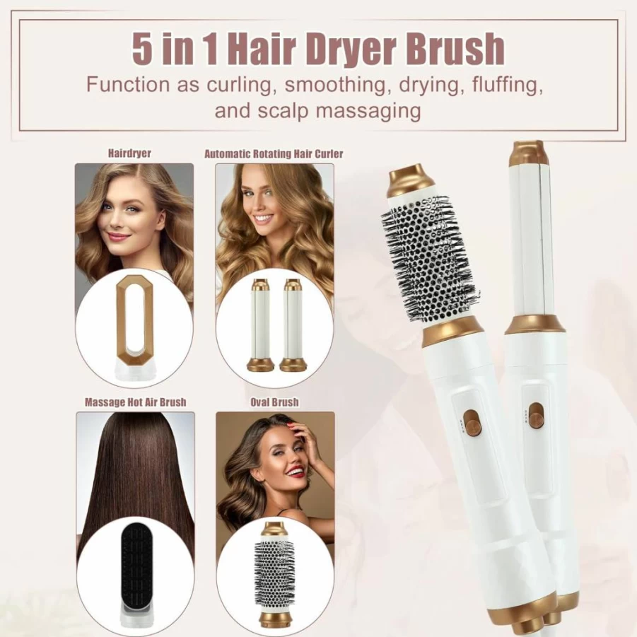 VOCOSTE 5-in-1 Hot Air Brush Styler - Hair Dryer, Volumizer, Straightener & Curling Wand with Detachable Nozzle, White & Gold