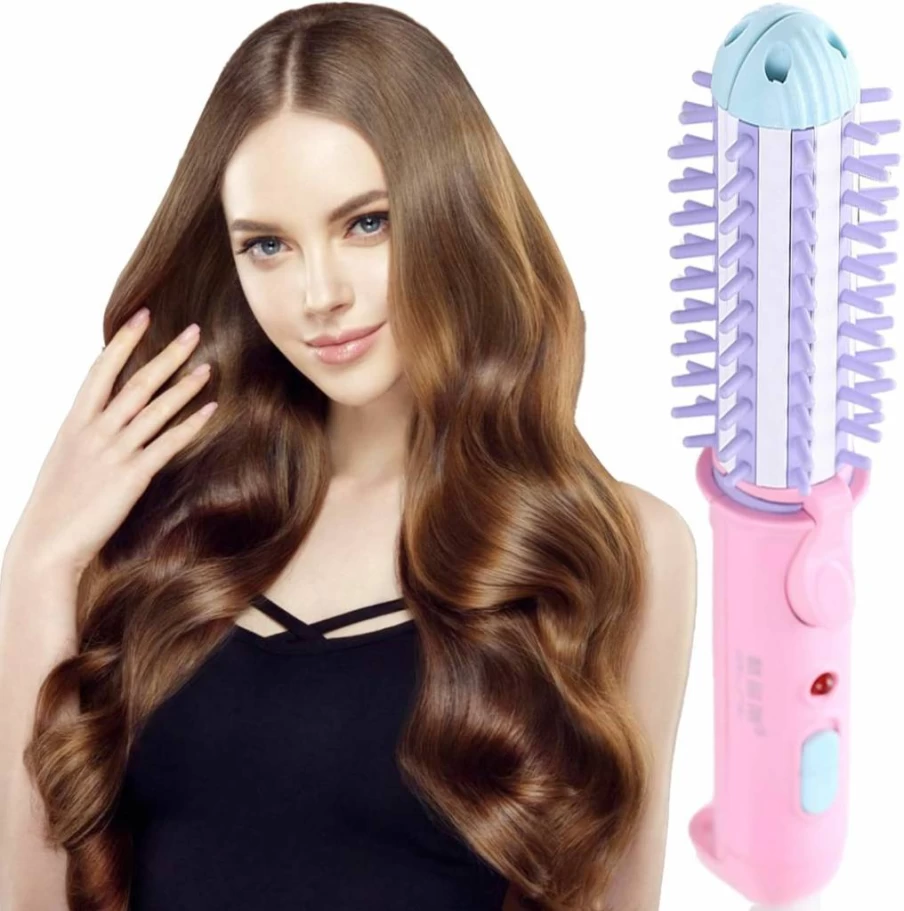 SULiiWOO Mini 2-in-1 Curling Iron & Straightener Brush for Short Hair - Portable Styler for Waves, Curls & Straight Styles (Blue)
