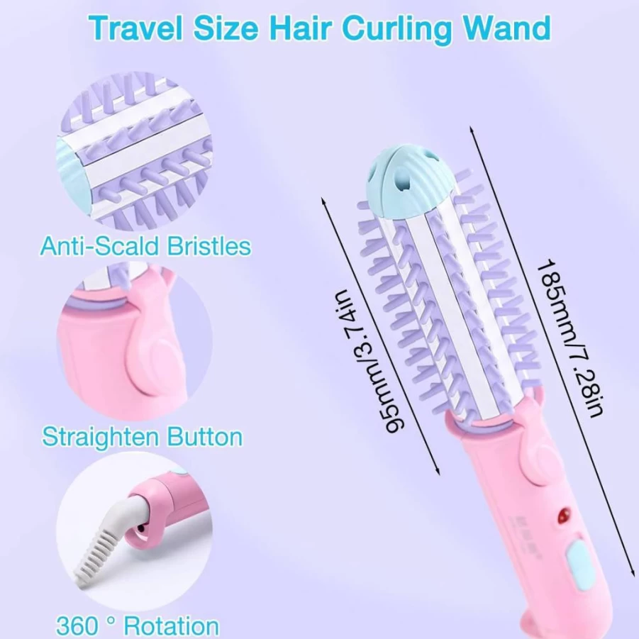 SULiiWOO Mini 2-in-1 Curling Iron & Straightener Brush for Short Hair - Portable Styler for Waves, Curls & Straight Styles (Blue)