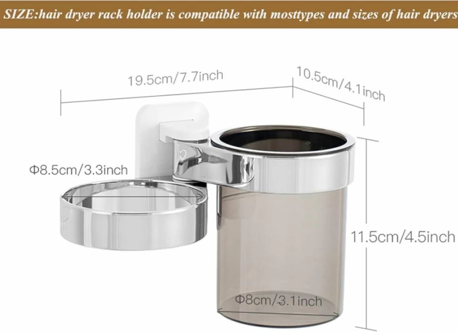 RAIKEDR Silvery Extra Large Wall Mount Hair Dryer Holder - Bathroom Cabinet Door & Blow Dryer Stand for Secure Storage
