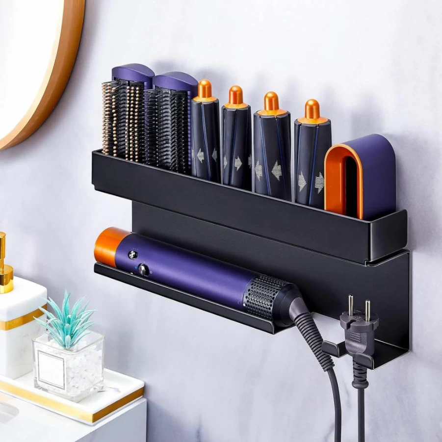 WAYASI 7-in-1 Wall Mounted Hair Tool Organizer - Blow Dryer Holder, Straightener & Curling Iron Storage for Bathroom, Black