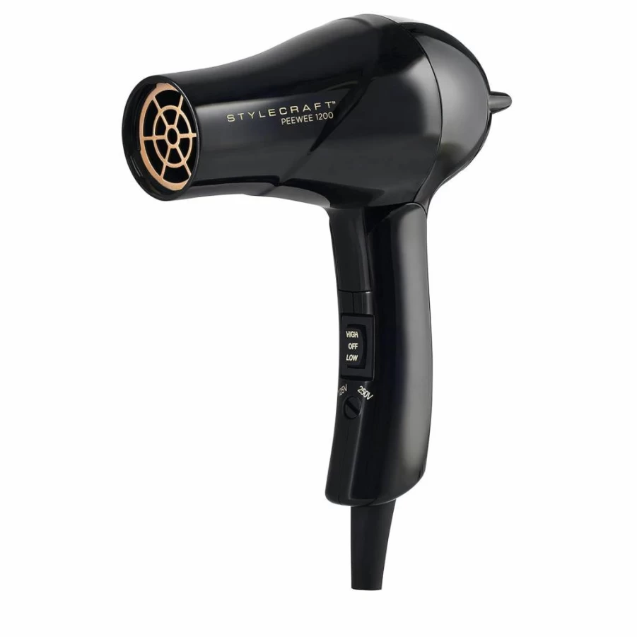 Stylecraft Peewee Dual Voltage Travel Hair Dryer - Lightweight, Portable, Tri-Plex Technology, Ionic Turbo Motor with Concentrator Nozzle & Diffuser, Includes Travel Bag, Black