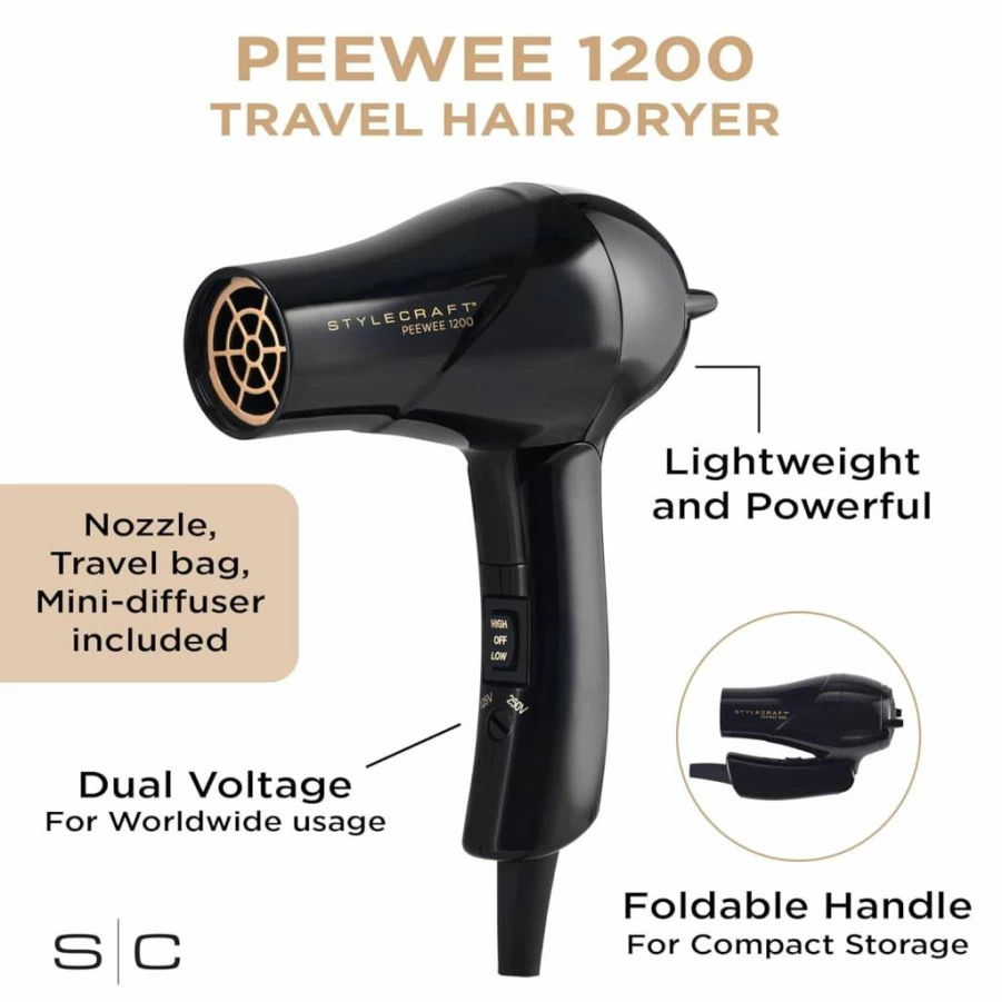 Stylecraft Peewee Dual Voltage Travel Hair Dryer - Lightweight, Portable, Tri-Plex Technology, Ionic Turbo Motor with Concentrator Nozzle & Diffuser, Includes Travel Bag, Black