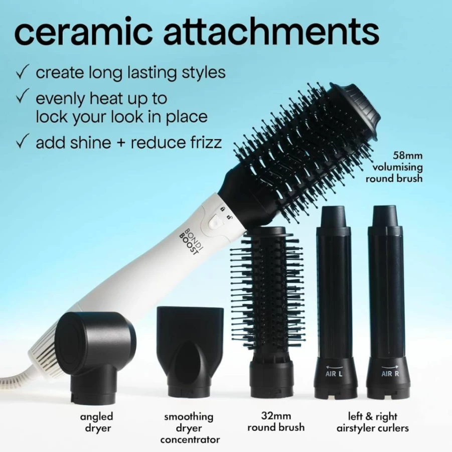 BONDIBOOST Everlast Airstyler System - 6-in-1 Hair Dryer Brush with Curlers, Round Brushes & Attachments for All Hair Types, Adjustable Heat & Airflow Settings for Wet to Dry Styling