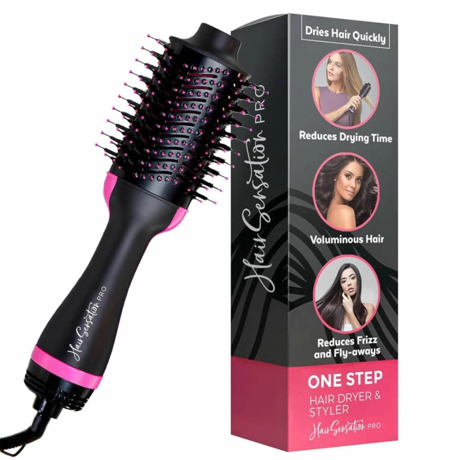 Hair Sensation Pro Blow Dryer Brush - 4-in-1 Ionic Ceramic Hair Styler for Fast Drying & Frizz-Free Shine, Pink Hot Air Round Brush