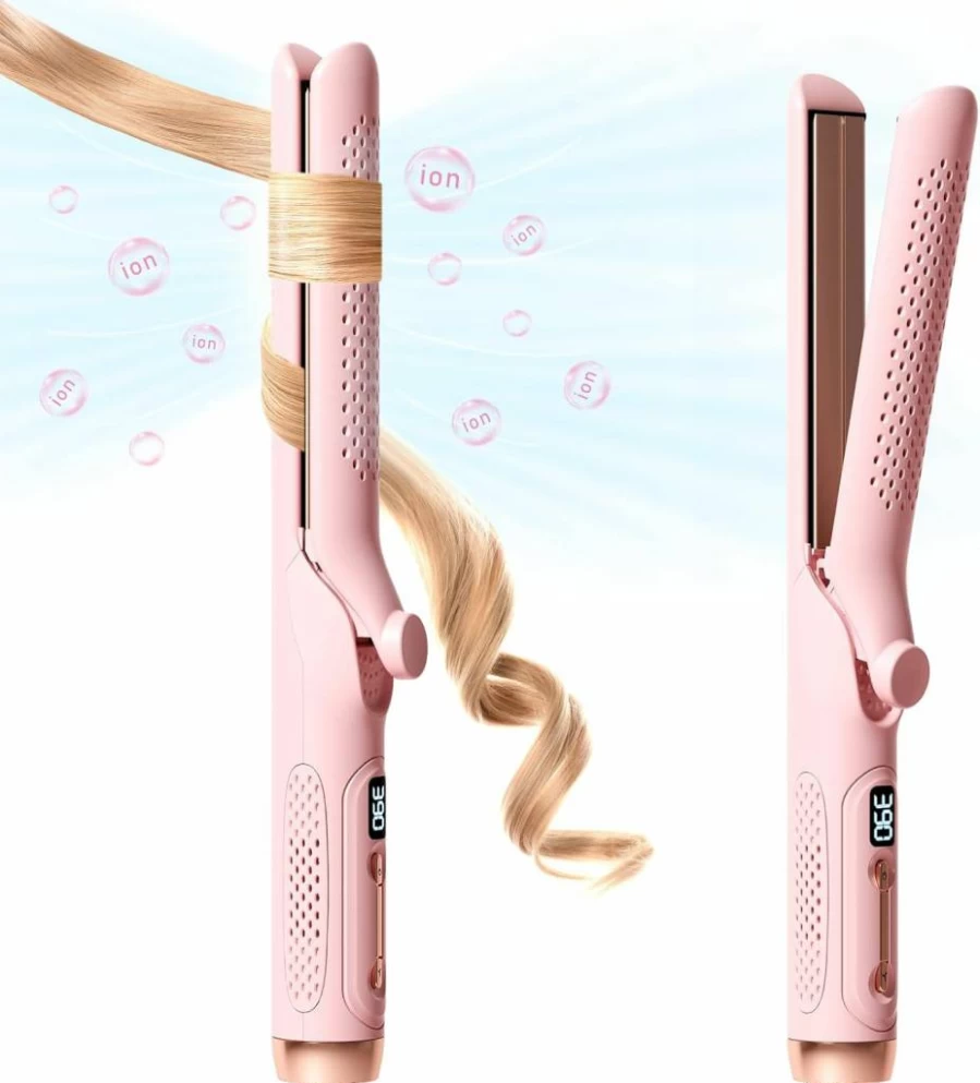 Hahahope 2-in-1 Hair Straightener & Curling Iron Wand - 1.25 Inch Barrel, 360° Airflow Styler, 20M Negative Ions, 5 Temperature Settings, Dual Voltage, Auto Shutoff (Pink)