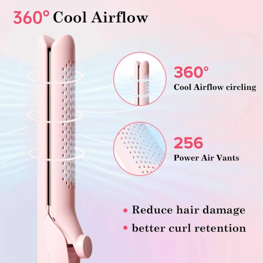 Hahahope 2-in-1 Hair Straightener & Curling Iron Wand - 1.25 Inch Barrel, 360° Airflow Styler, 20M Negative Ions, 5 Temperature Settings, Dual Voltage, Auto Shutoff (Pink)