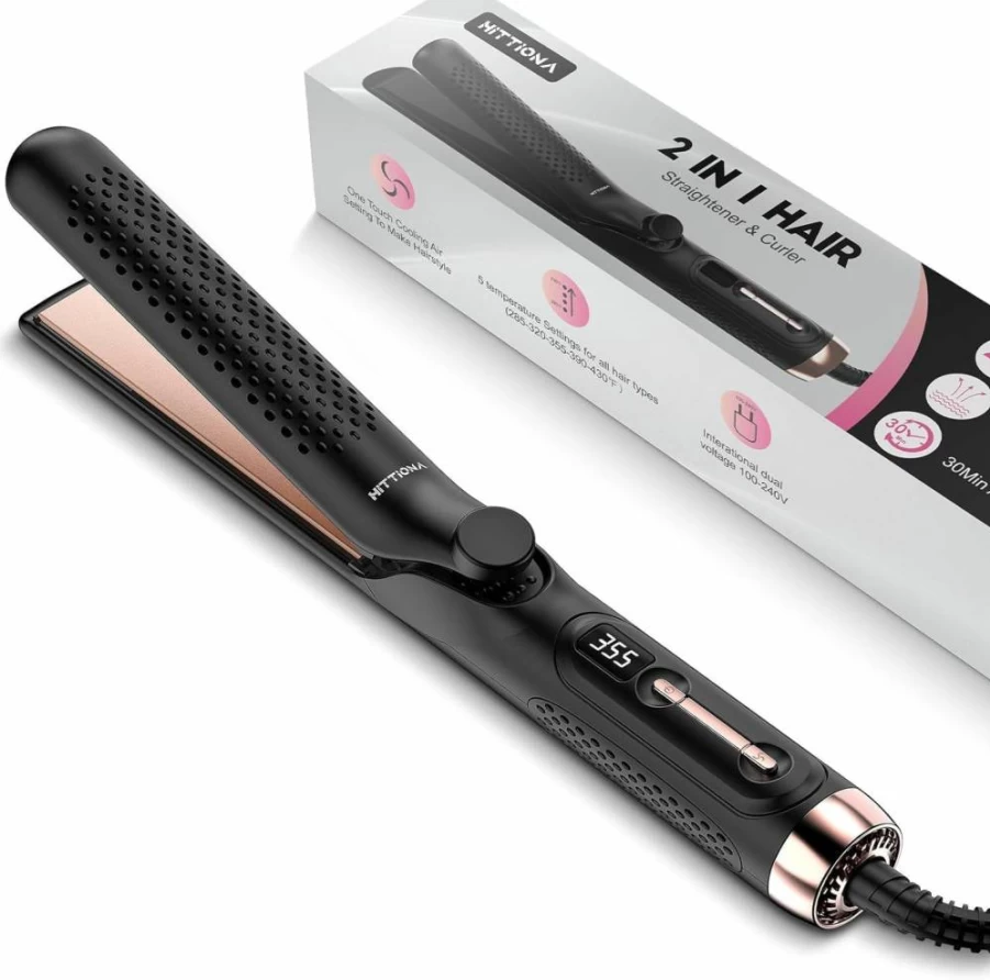 HITTIONA 2-in-1 360 Airflow Styler: 1.25" Curling Iron & Hair Straightener with Vented Cool Air, Dual Voltage Travel Flat Iron, LCD Display for Salon-Worthy Styling