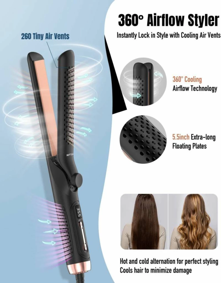 HITTIONA 2-in-1 360 Airflow Styler: 1.25" Curling Iron & Hair Straightener with Vented Cool Air, Dual Voltage Travel Flat Iron, LCD Display for Salon-Worthy Styling