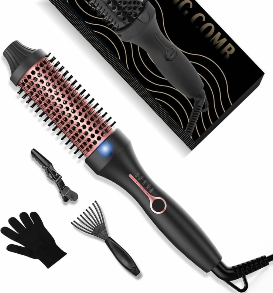Yitrust 1.5 Inch Ceramic Tourmaline Heated Round Brush - Dual Voltage 100-240V, 5 Temperature Settings 266-410°F, Ionic Curling Iron for Short to Medium Hair, Thermal Styling Brush for Frizz-Free Shine