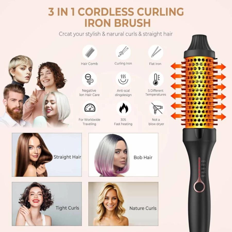 Yitrust 1.5 Inch Ceramic Tourmaline Heated Round Brush - Dual Voltage 100-240V, 5 Temperature Settings 266-410°F, Ionic Curling Iron for Short to Medium Hair, Thermal Styling Brush for Frizz-Free Shine