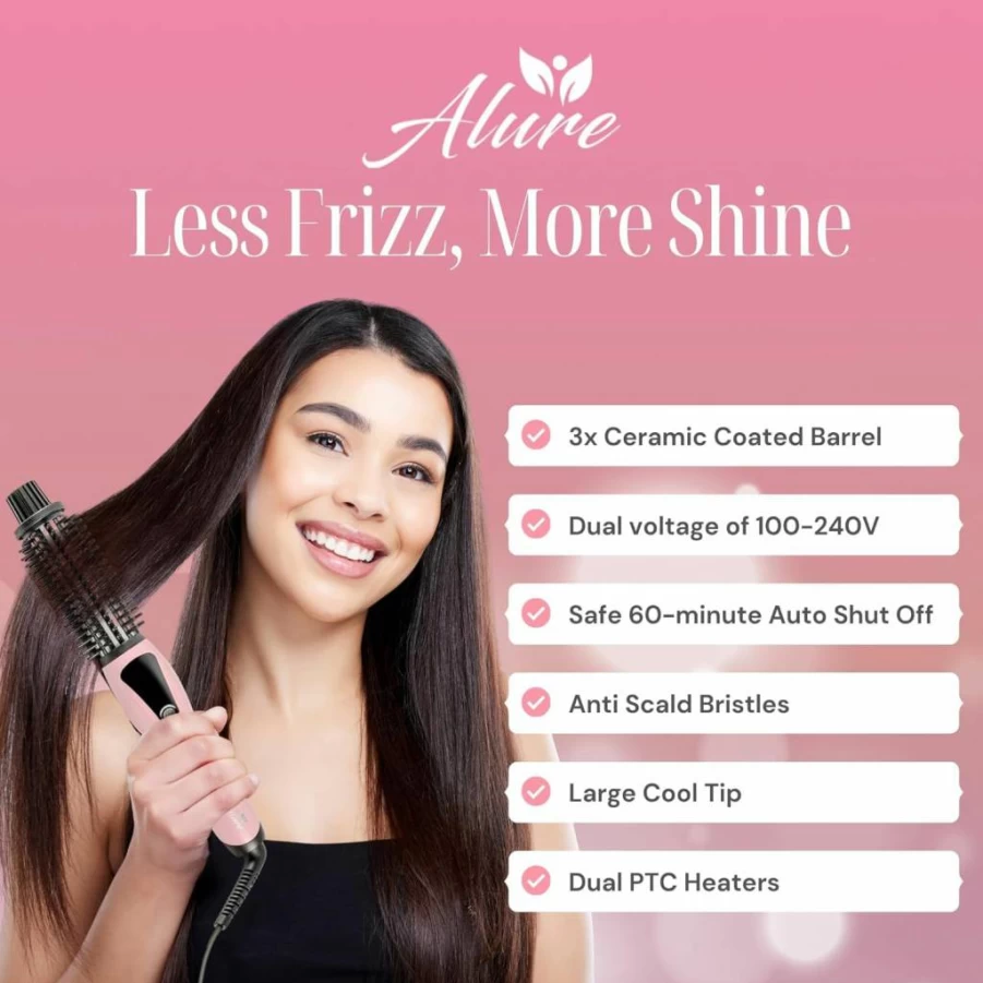 Alure 3-in-1 Heated Styling Brush: Ionic Hair Curler, Straightener & Volumizer with Anti-Scald Bristles for All Hair Types - Electric Curling Wand Alternative for Short to Long Hair