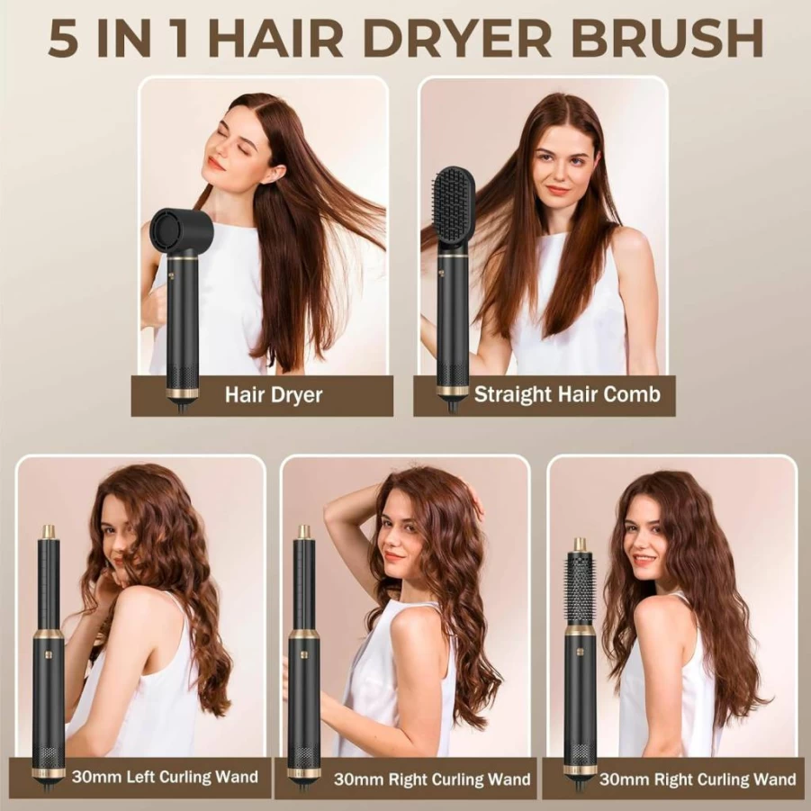 Trylater 5-in-1 Negative Ion Hair Dryer Brush - Hot Air Styler for Straightening, Curling, Drying & Smoothing with Curling Iron & Wrap Air Curler, Blow Dryer Brush Gift Set