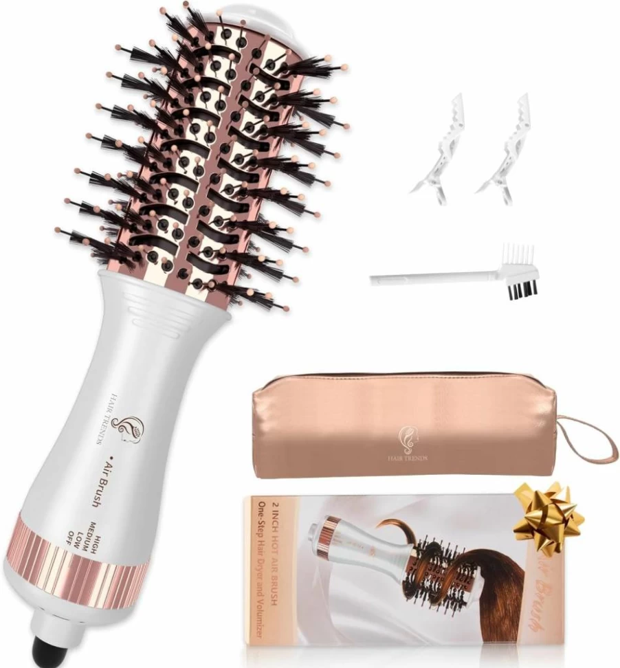 Hair Trends Nano Titanium Travel Hair Dryer Brush - 2 Inch Mini Oval Hot Air Styler & Volumizer for One-Step Drying, White & Rose Gold (Hb004)