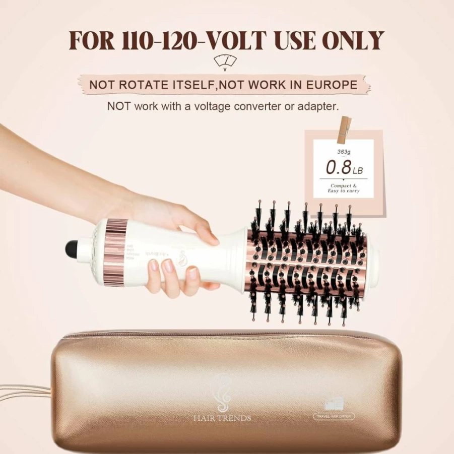 Hair Trends Nano Titanium Travel Hair Dryer Brush - 2 Inch Mini Oval Hot Air Styler & Volumizer for One-Step Drying, White & Rose Gold (Hb004)