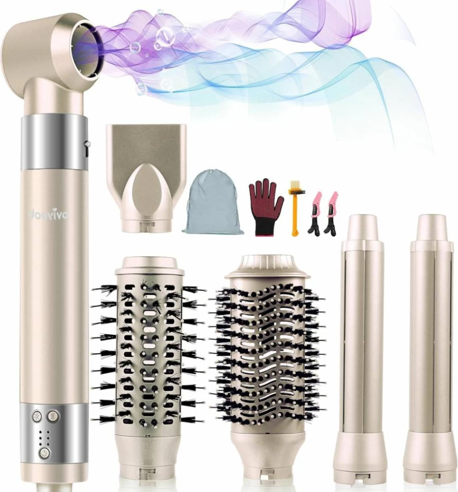Douviva 6-in-1 Hot Air Hair Brush - Ionic Blow Dryer & Styler for Frizz-Free Straightening, Volumizing & Curling with Auto Wrap Curlers, 110,000 RPM & Storage Bag, Perfect Women's Gift