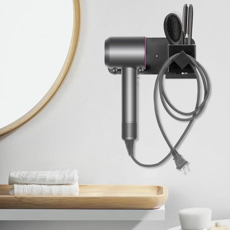 TWIZIUAO Wall-Mounted Hair Dryer Holder, Stainless Steel Bathroom Organizer for Hair Tools & Makeup Storage, Space-Saving Countertop Tray for Curling Irons and Accessories