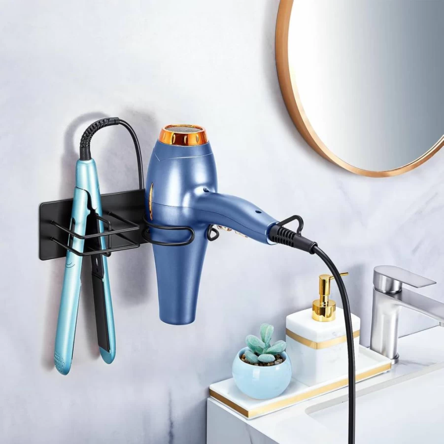 LOXSUN Wall Mount Hair Dryer Holder - Stainless Steel Blow Dryer & Straightener Organizer for Bathroom, Vanity, Salon - Black Hair Tool Storage
