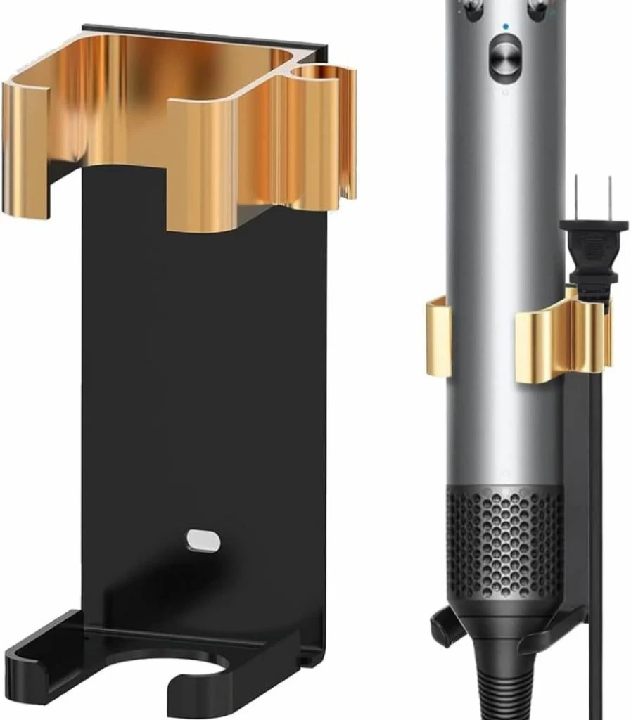Amersis Wall Mount Holder for Dyson Airwrap Styler - Metal Storage Rack for Hair Curling Iron Barrels & Accessories, Aluminum Organizer (Black & Gold)