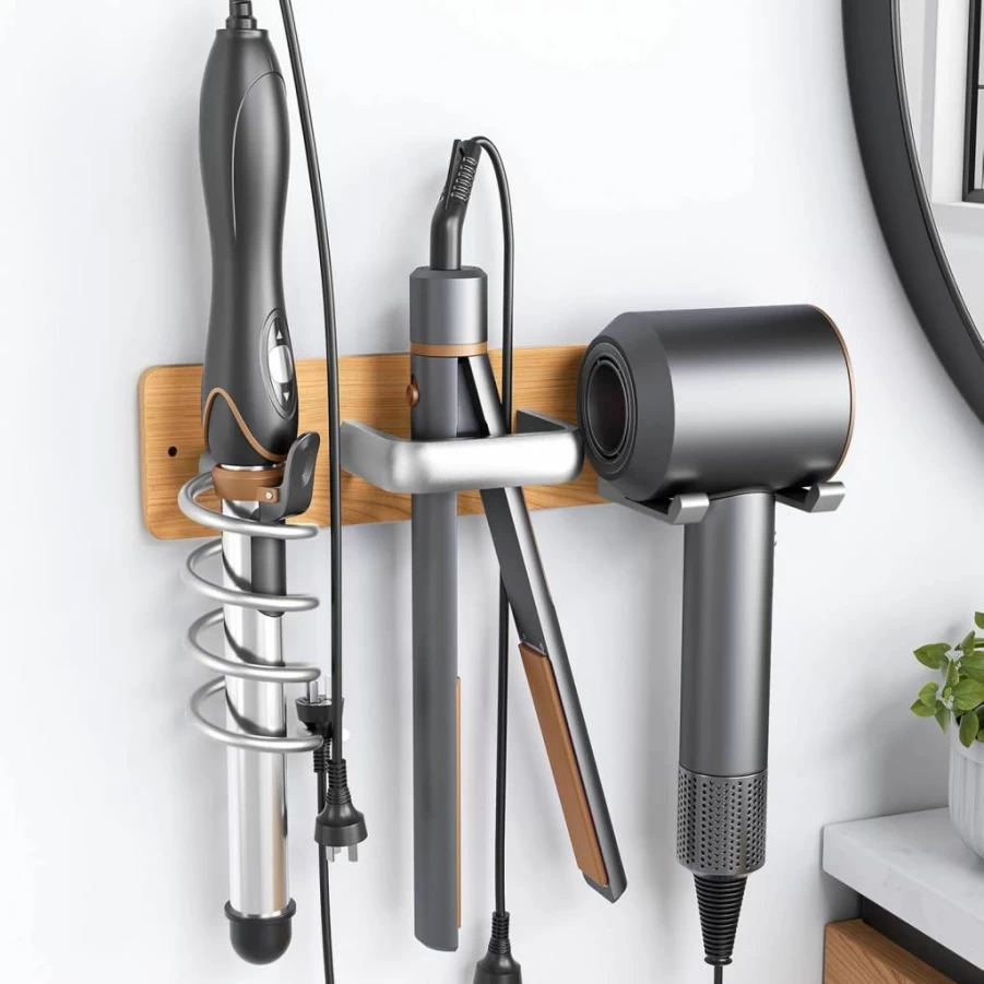 Tindbea 3-in-1 Wall Mount Hair Tool Organizer - Brushed Nickel Holder for Hair Dryer, Curling Iron & Flat Iron, Universal Bathroom Storage Rack