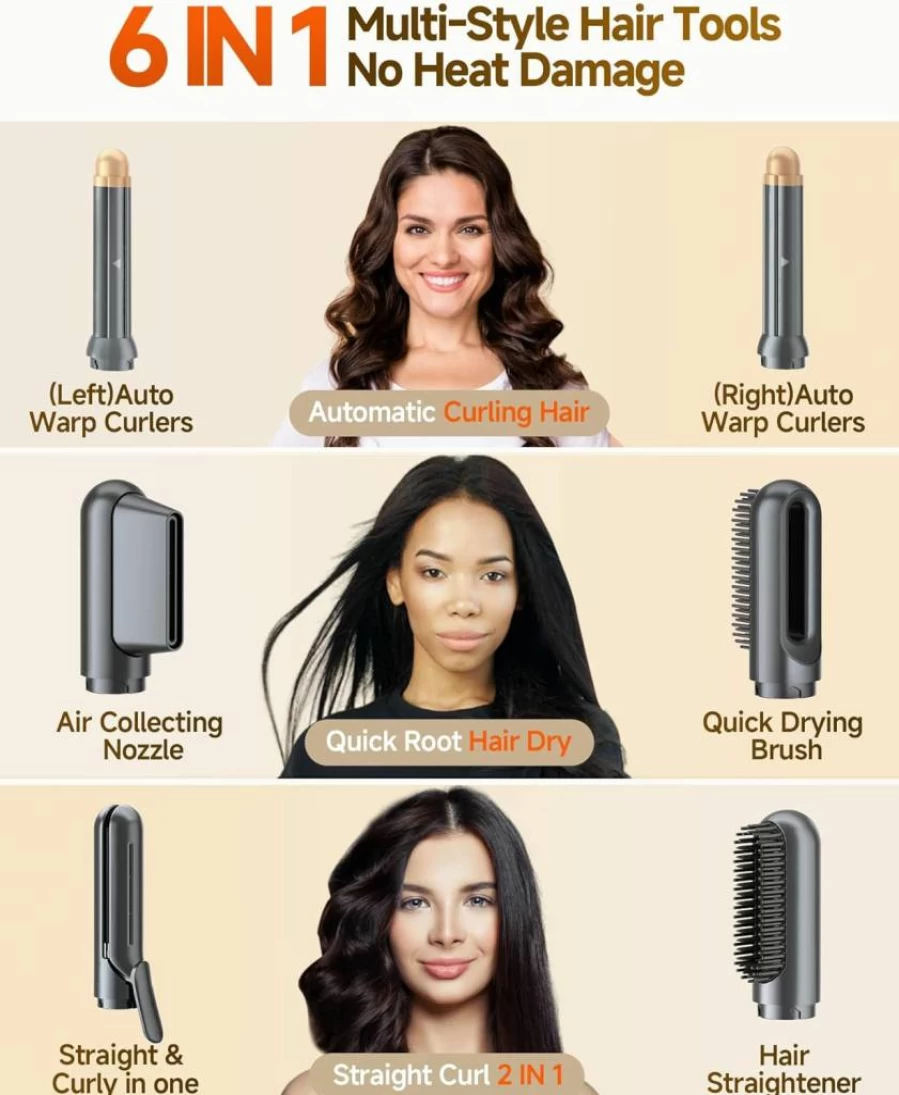 WindBlow 6-in-1 Hair Dryer Brush & Styler with Auto-Wrap Curlers, 110,000 RPM Fast Drying, Volumizing & Straightening for Women – Professional Hot Air Styling Set with Attachments