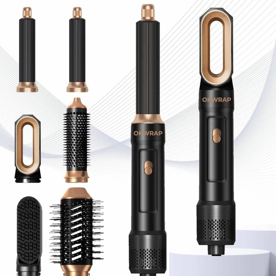 OKWRAP 6-in-1 Ionic Hair Dryer Brush & Curling Iron, 1000W Blowout Styler for Women, Golden Champagne Air Styler for Frizz-Free Blowouts