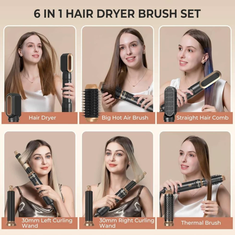 OKWRAP 6-in-1 Ionic Hair Dryer Brush & Curling Iron, 1000W Blowout Styler for Women, Golden Champagne Air Styler for Frizz-Free Blowouts