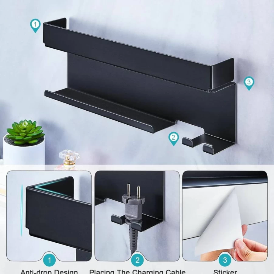 YAYINLI Wall Mount Hair Dryer Holder - Adhesive Organizer for Blow Dryer, Curling Iron & Straightener, Black Hair Tools Storage for Bathroom