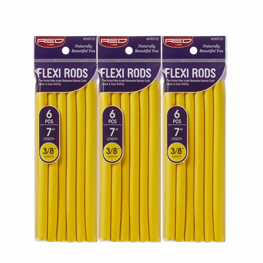 Red by Kiss Flexi Rods 7 Inch Heatless Hair Curlers - 3/8 Inch Diameter No-Slip Rollers for 90s Curls, Beach Waves, Overnight Styling (6 Rods X 3 Packs)
