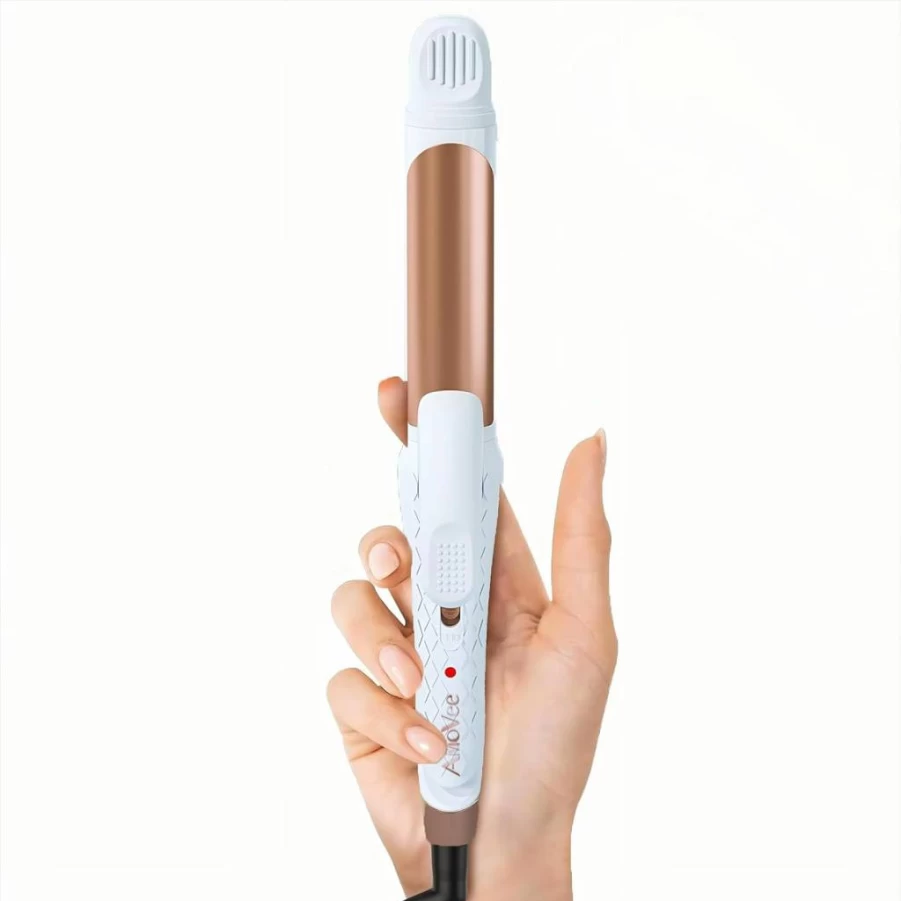 AmoVee Dual Voltage 2-in-1 Travel Curling Iron - 1 Inch Hair Curler for Women, White - Worldwide Styling for European & International Travel
