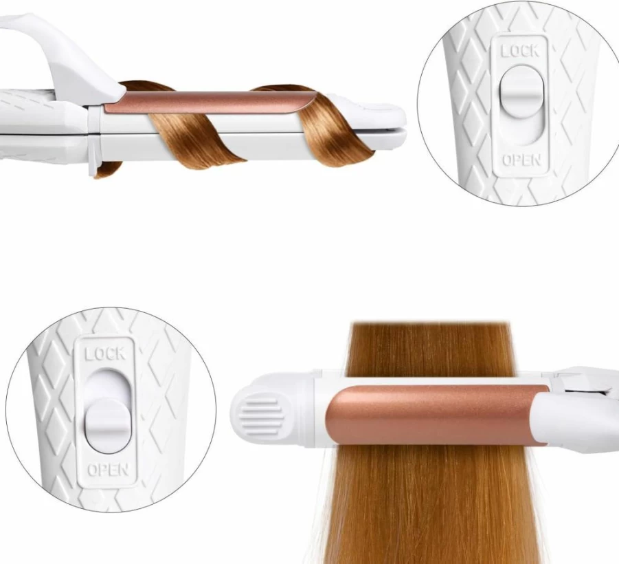 AmoVee Dual Voltage 2-in-1 Travel Curling Iron - 1 Inch Hair Curler for Women, White - Worldwide Styling for European & International Travel