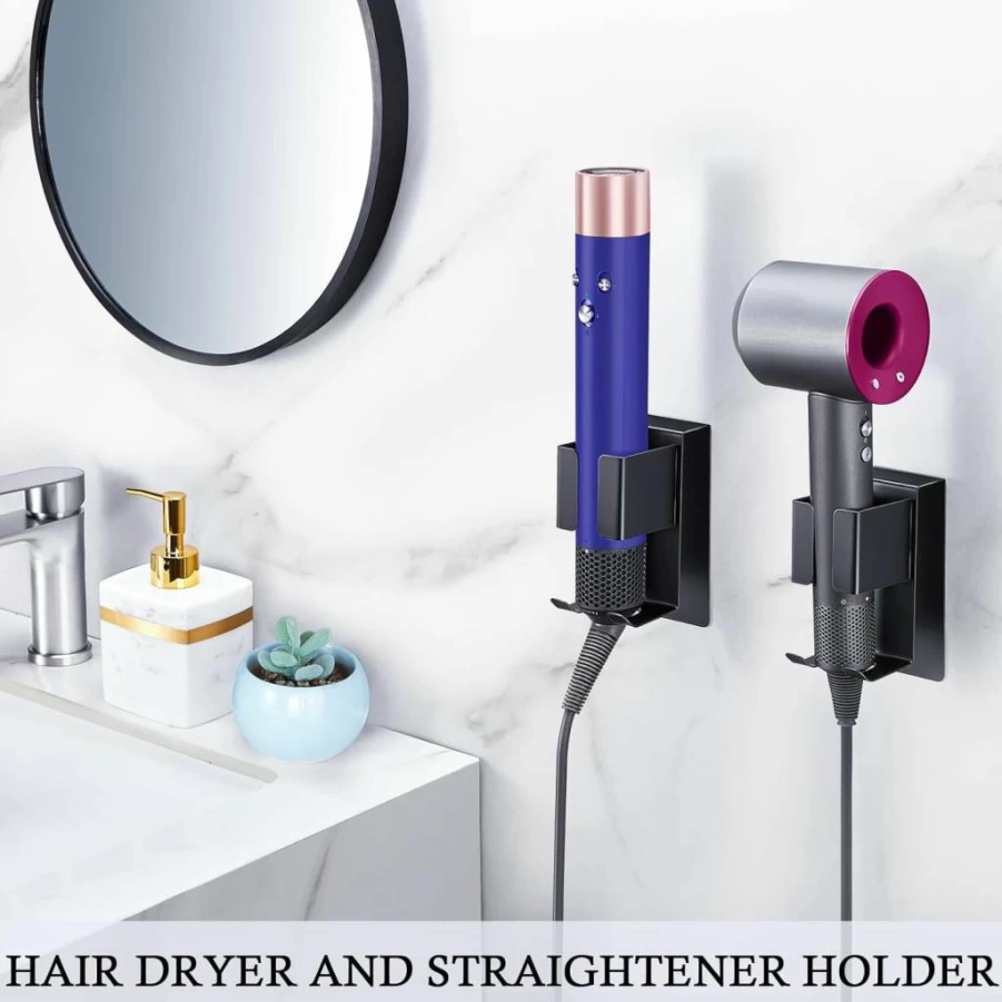 LOXSUN Wall Mounted Hair Tool Organizer - Adhesive Holder for Hair Straightener, Curling Iron & Blow Dryer, Bathroom Vanity Storage, Black
