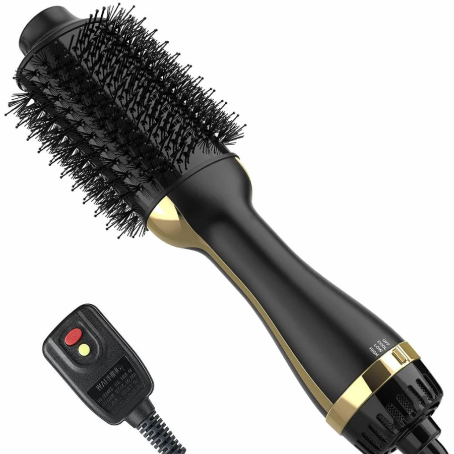 Dimecano 4-in-1 Hot Air Hair Brush with Negative Ion Technology for Frizz-Free Drying, Straightening & Volumizing - Black Gold Professional Styler