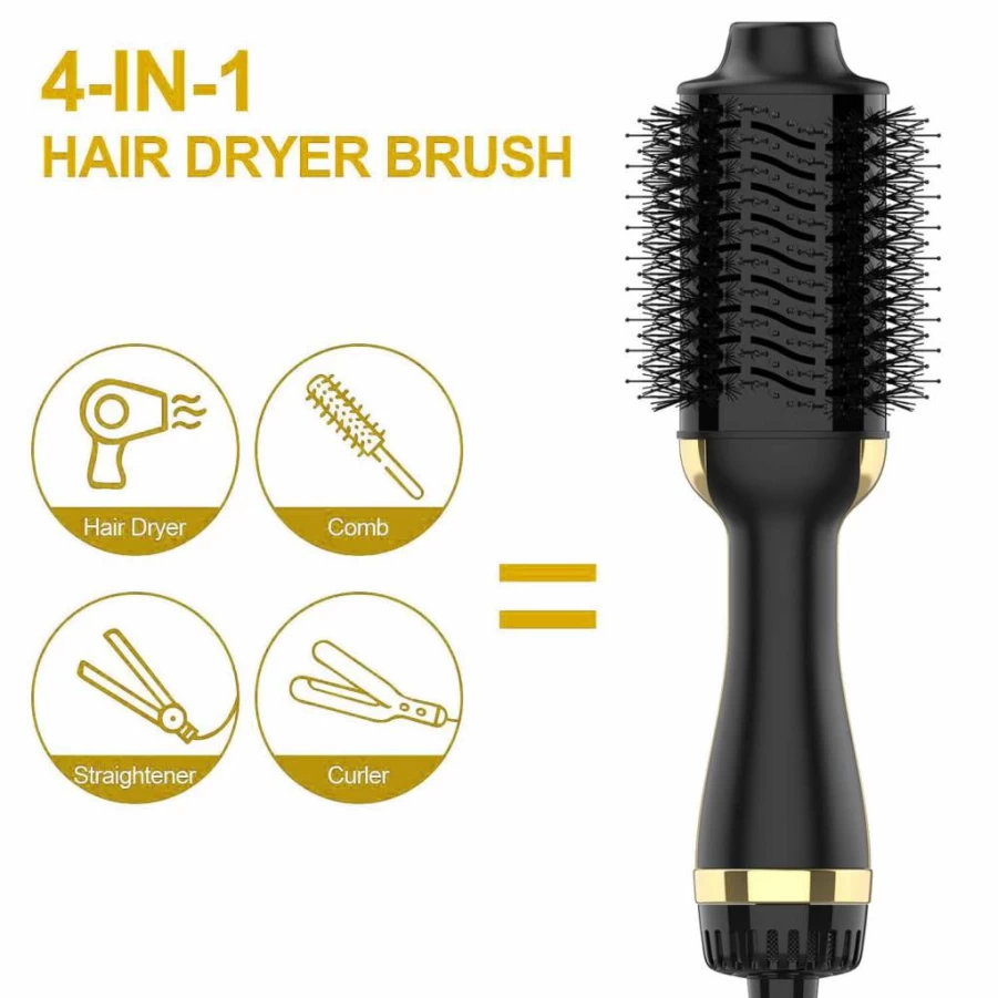Dimecano 4-in-1 Hot Air Hair Brush with Negative Ion Technology for Frizz-Free Drying, Straightening & Volumizing - Black Gold Professional Styler