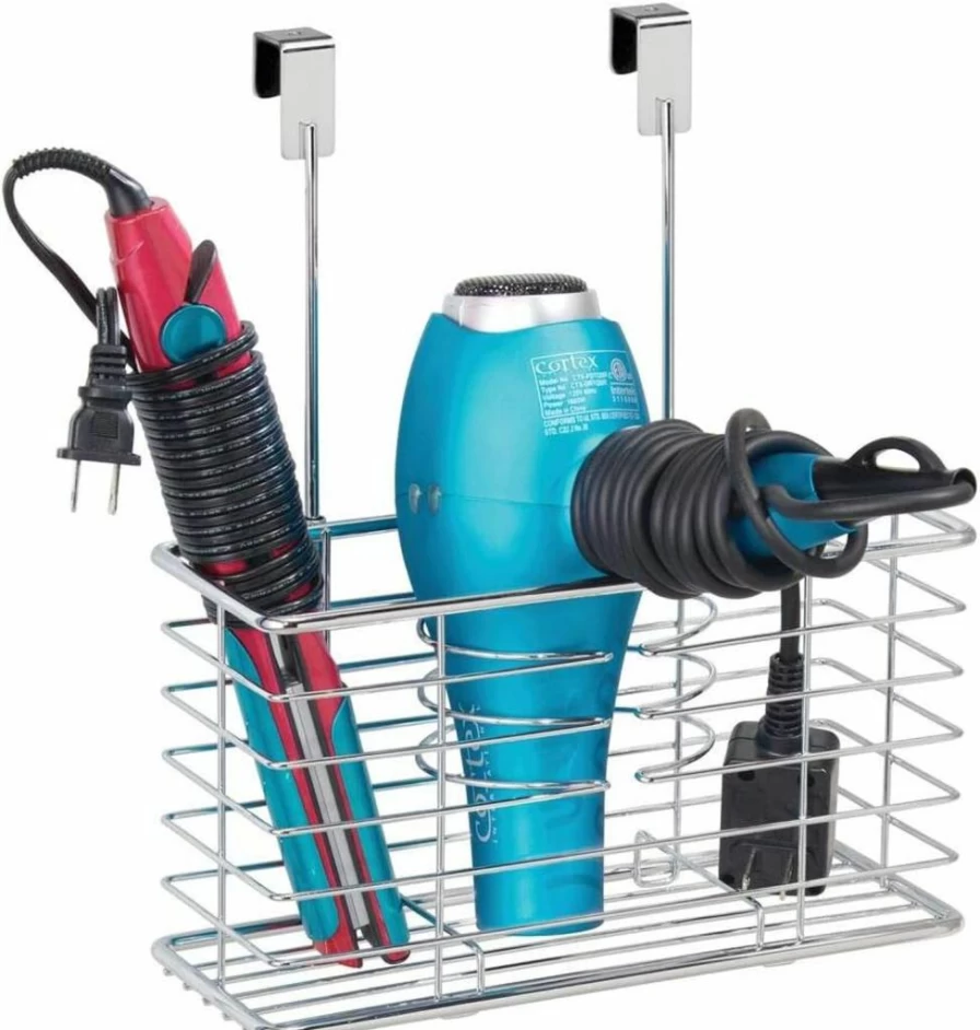 mDesign Chrome Over Cabinet Hair Dryer Holder - 5.2 x 10.2 x 12.3 Inch Steel Storage Organizer for Bathroom