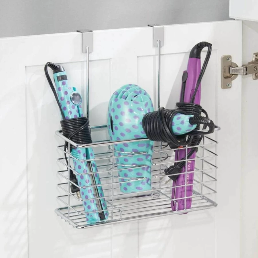 mDesign Chrome Over Cabinet Hair Dryer Holder - 5.2 x 10.2 x 12.3 Inch Steel Storage Organizer for Bathroom