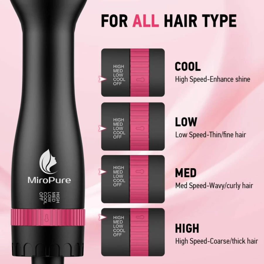 MiroPure 4-in-1 Hair Dryer Brush with 4 Speed & Heat Settings, Hot Air Styler for Frizz-Free Smooth Blowout, Volumizing Straightener Brush (Black Red)