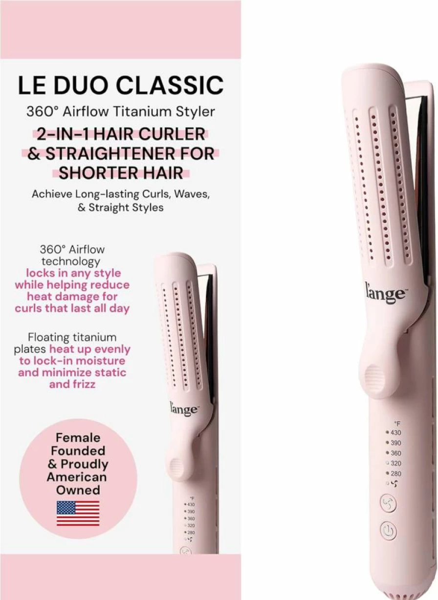 L'ANGE HAIR Le Duo Grande 360 Airflow Styler - 2-in-1 Titanium Flat Iron & Curling Wand with Adjustable Temperature & Cooling Air Vents for Professional Styling (Blush)