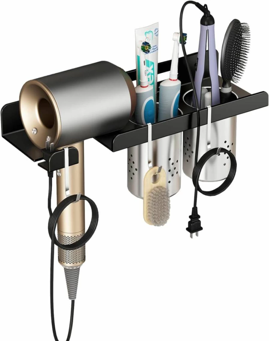 Junyuan Wall-Mounted Hair Tool Organizer with Self-Adhesive, Stainless Steel Blow Dryer Holder for Dyson, Bathroom & Bedroom Storage, 4" Compact Design for Small Spaces
