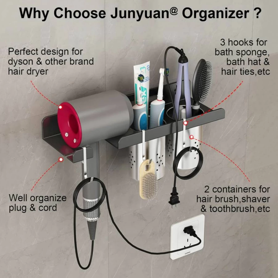 Junyuan Wall-Mounted Hair Tool Organizer with Self-Adhesive, Stainless Steel Blow Dryer Holder for Dyson, Bathroom & Bedroom Storage, 4" Compact Design for Small Spaces