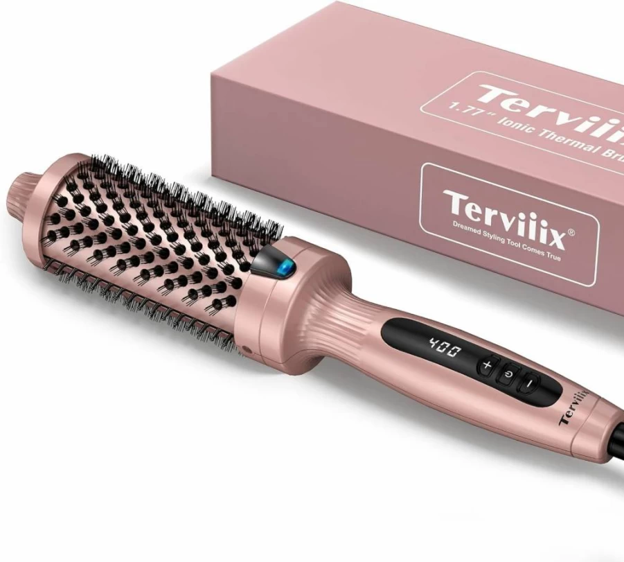 Terviiix 1.77 Inch Ceramic Tourmaline Hot Brush & Curling Wand, Digital Display with 9 Temperature Settings, Dual Voltage Ionic Heated Styler for Long Hair