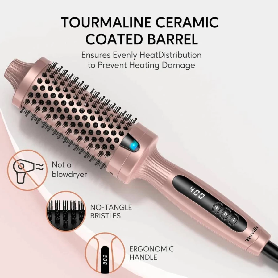 Terviiix 1.77 Inch Ceramic Tourmaline Hot Brush & Curling Wand, Digital Display with 9 Temperature Settings, Dual Voltage Ionic Heated Styler for Long Hair