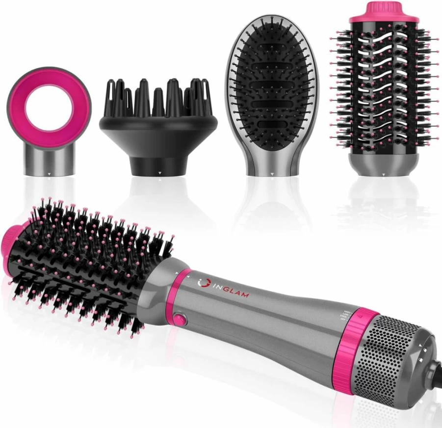IG INGLAM 4-in-1 Detachable Hair Dryer Brush Set with Negative Ion Technology, Volumizing Styler & 2 Brush Heads - Pink