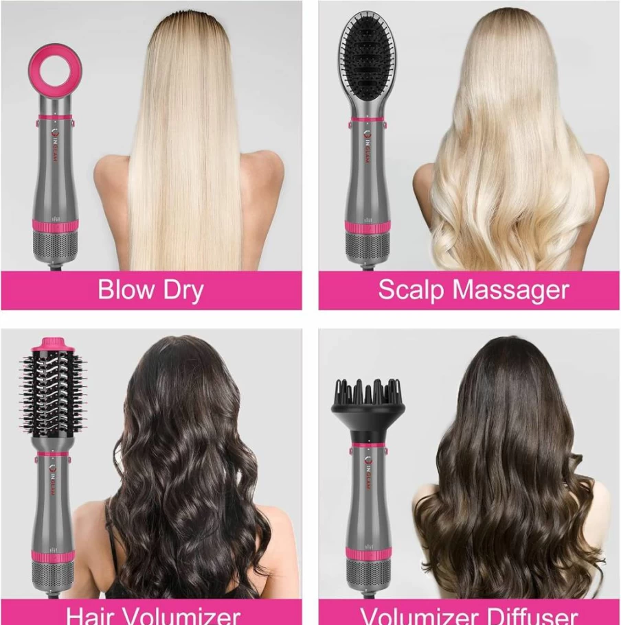 IG INGLAM 4-in-1 Detachable Hair Dryer Brush Set with Negative Ion Technology, Volumizing Styler & 2 Brush Heads - Pink
