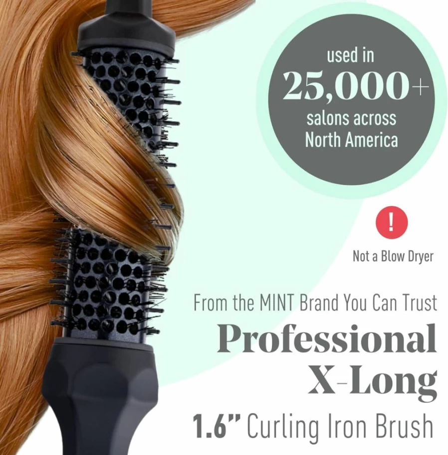 MINT Ceramic Heated Round Brush - 1.6" Extra-Long Thermal Styler for Natural Volume & Waves, Dual 230-430°F Heat Settings, Curling Iron Brush for All Hair Types