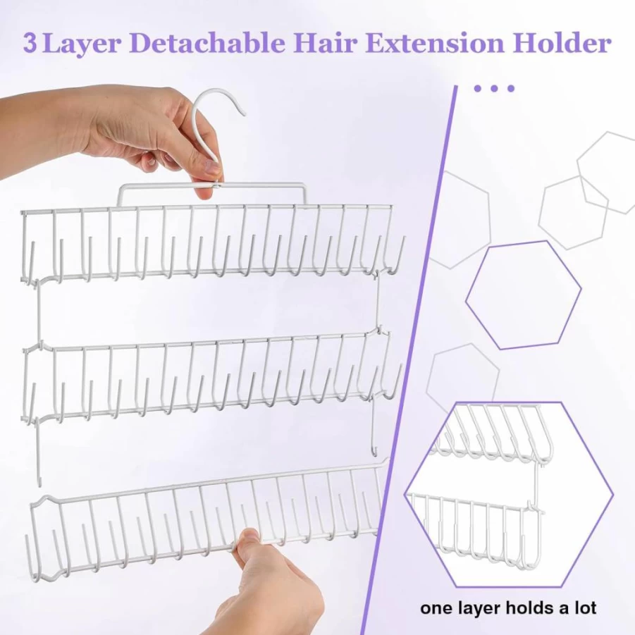Sunoble 3-Tier Hair Weft Hanger - Extra Wide Braiding Hair Organizer for Storing, Styling & Washing Black Extensions (Professional Weft Holder)