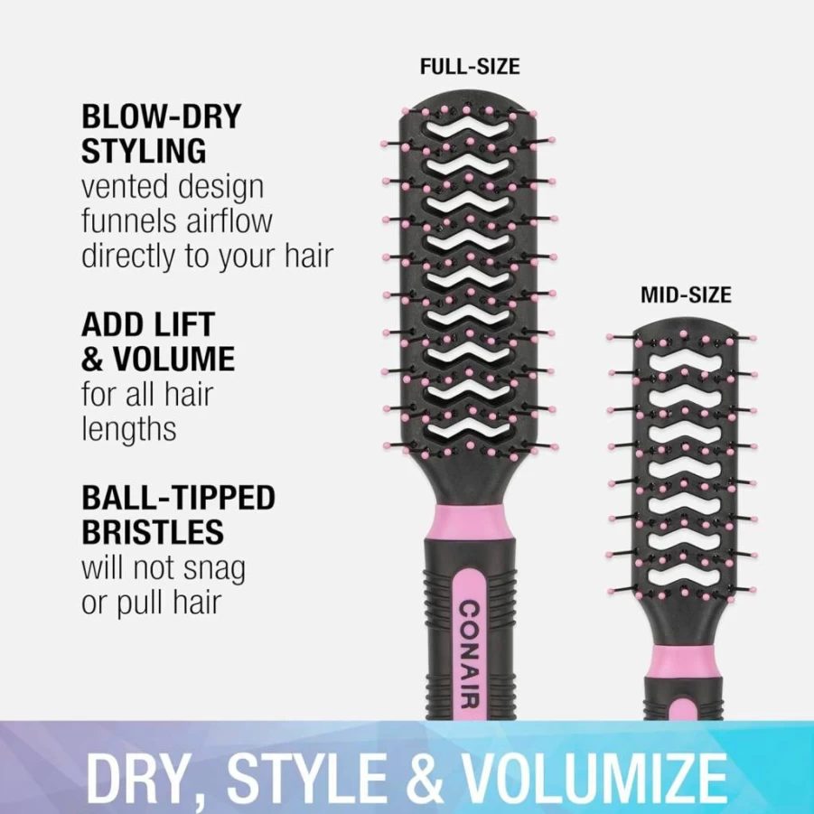 Conair Vent Hair Brush Set - Full & Mid Size Styling Brushes for Detangling & Volume, 2-Pack Value Bundle